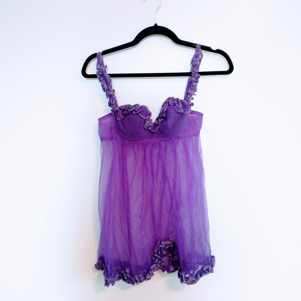 Fredericks Hollywood vintage purple babydoll nightie lingerie with ruffle hem.